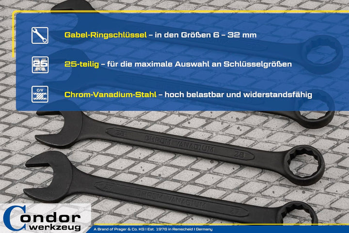 CONDOR Werkzeug 55025 | Gabel-Ringschlüssel-Satz | 25-tlg. | 6-32 mm | Chrom-Vanadium-Stahl matt sch