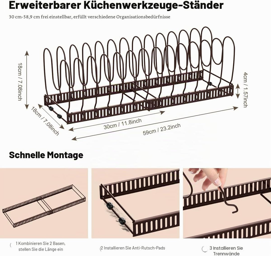 Housolution Pfannenhalter für Schublade, Erweiterbarer Topfdeckelhalter mit 14 Verstellbaren Teiler,