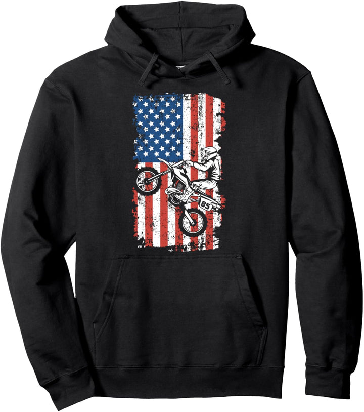 Dirt Bike amerikanische Flagge, Vintage Motocross-Fahrer Pullover Hoodie
