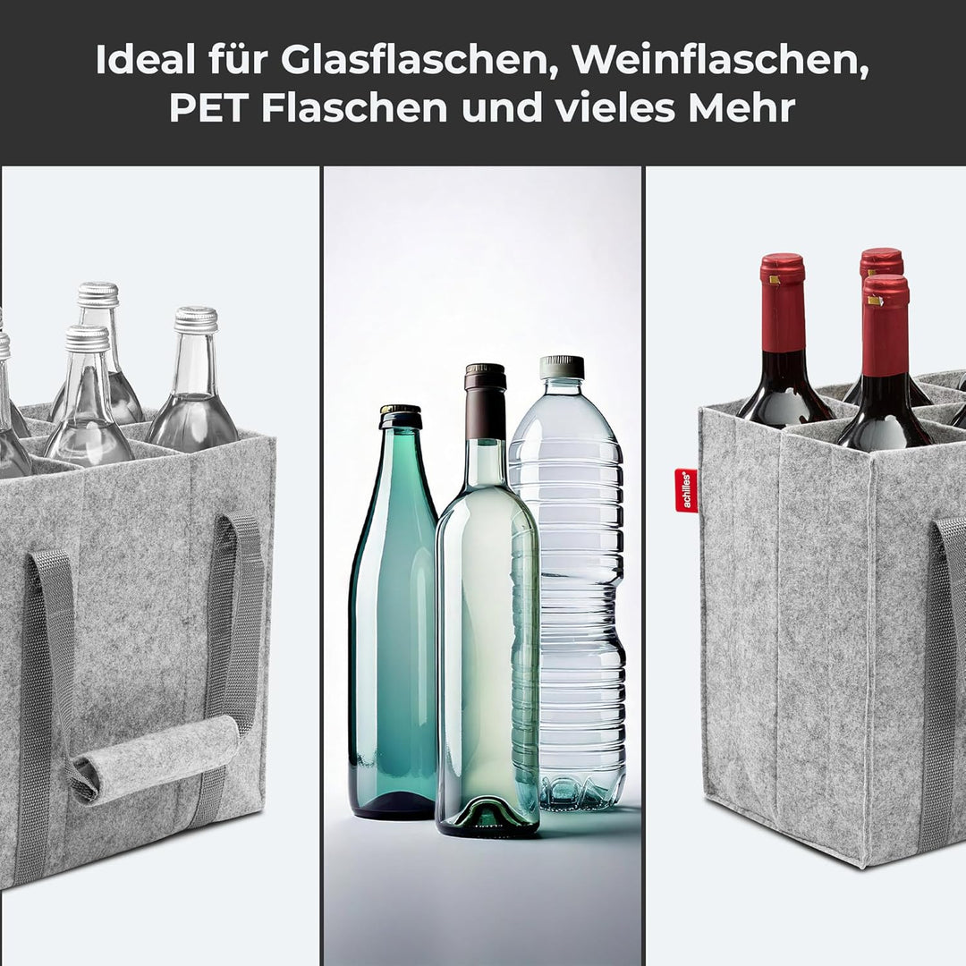 achilles Flaschentasche 6 Fächer je 1,5 Liter – 100% recycelter Filz – Reissfester Flaschenkorb – Fa