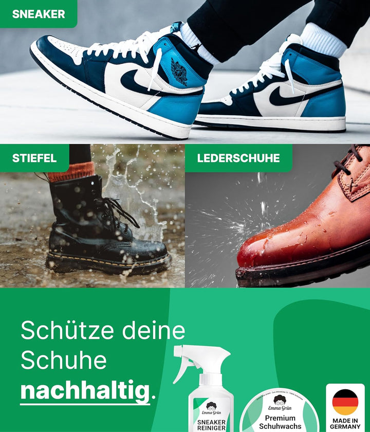 Emma Grün® Sneaker Cleaner Reinigungsset 250ml [Bürste + Schwamm + Pflegewachs] - Nachhaltiges Kompl