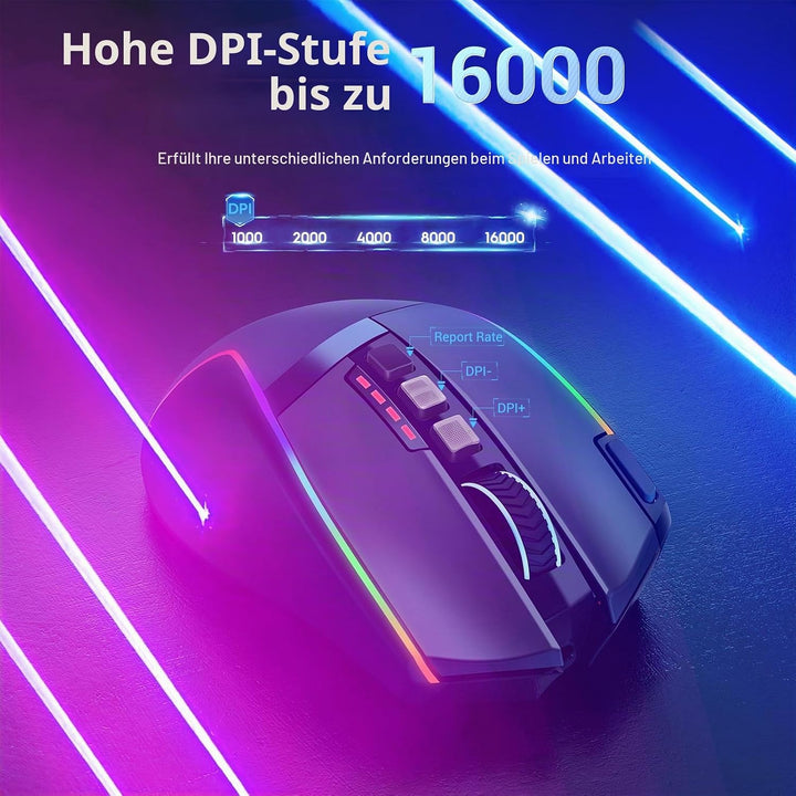 Redragon Gaming Maus Kabellose, 16000 DPI, 2.4G/USB-C Wireless Mouse, 9 Programmierbare Tasten, Wied