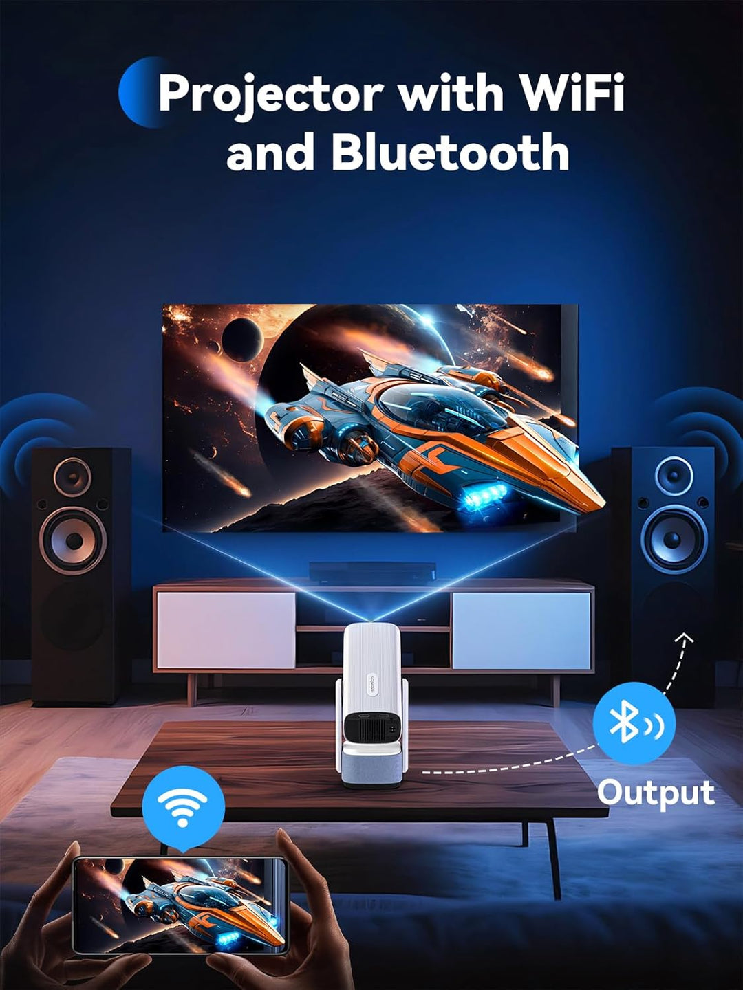 Mini Beamer 1080P Unterstützt - SOOMFON tragbarer Videoprojektor mit WiFi und Bluetooth, Elektrische