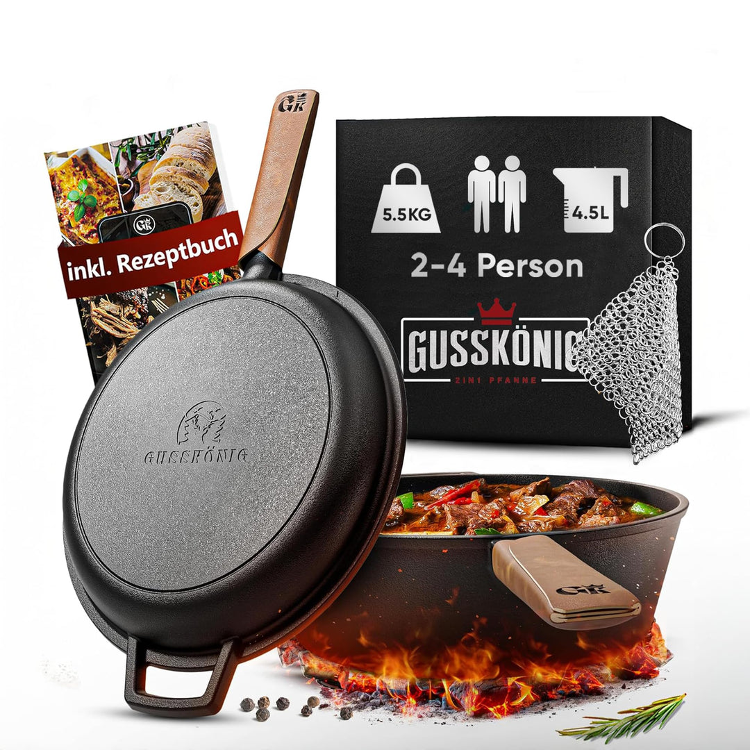 GUSSKÖNIG Dutch Oven - 2 in 1 Eingebrannter Gusseisen Topf 3L & Gusspfanne 1,5L - Cast Iron Pot mit
