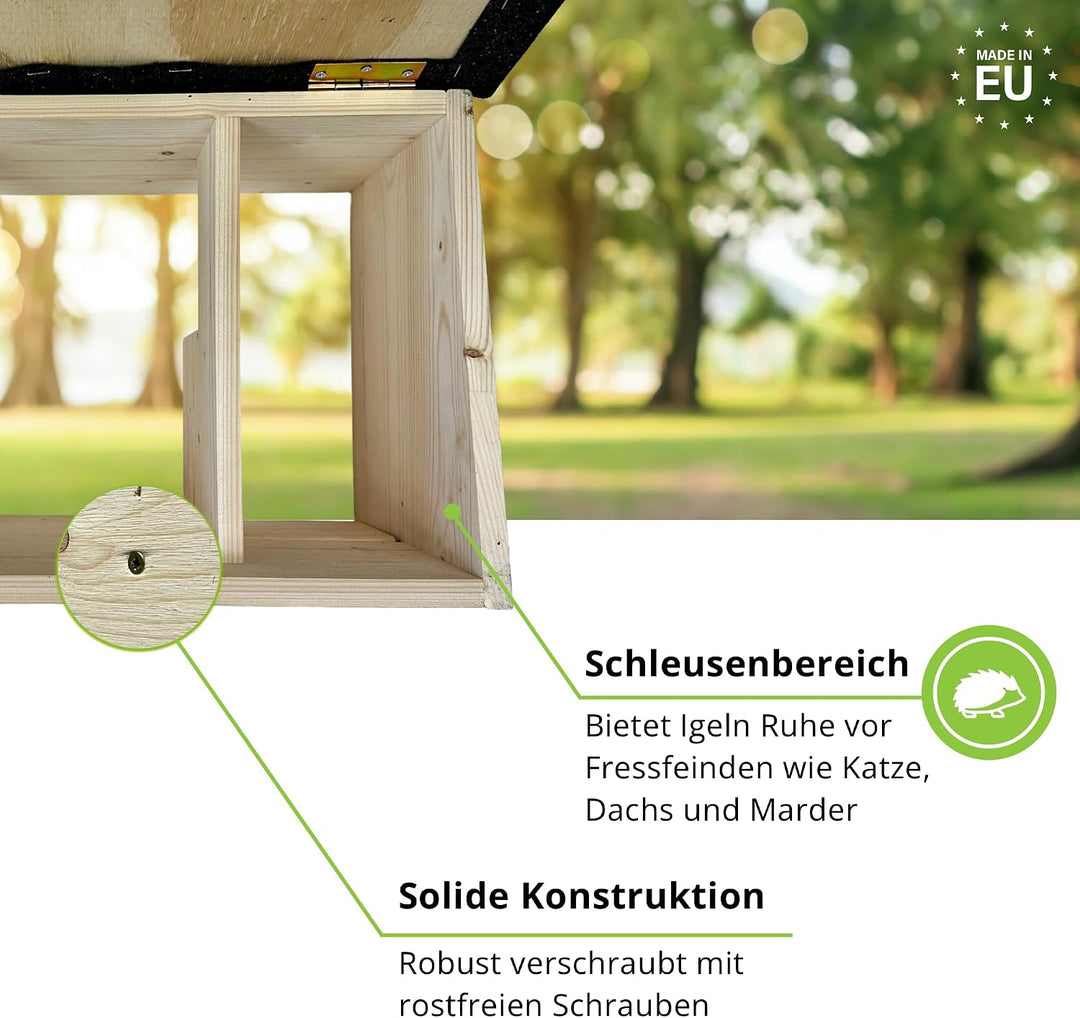 GARTENETAGE Igel-Starter-Set Igelhaus mit Rattenklappe inkl. Futterschale &amp; 5X Premium-Igelfutter –