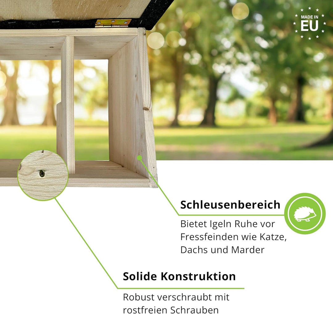 GARTENETAGE Igelhaus mit Rattenklappe aus Holz – wetterfestes Igelhotel für den Garten, sicherer Übe