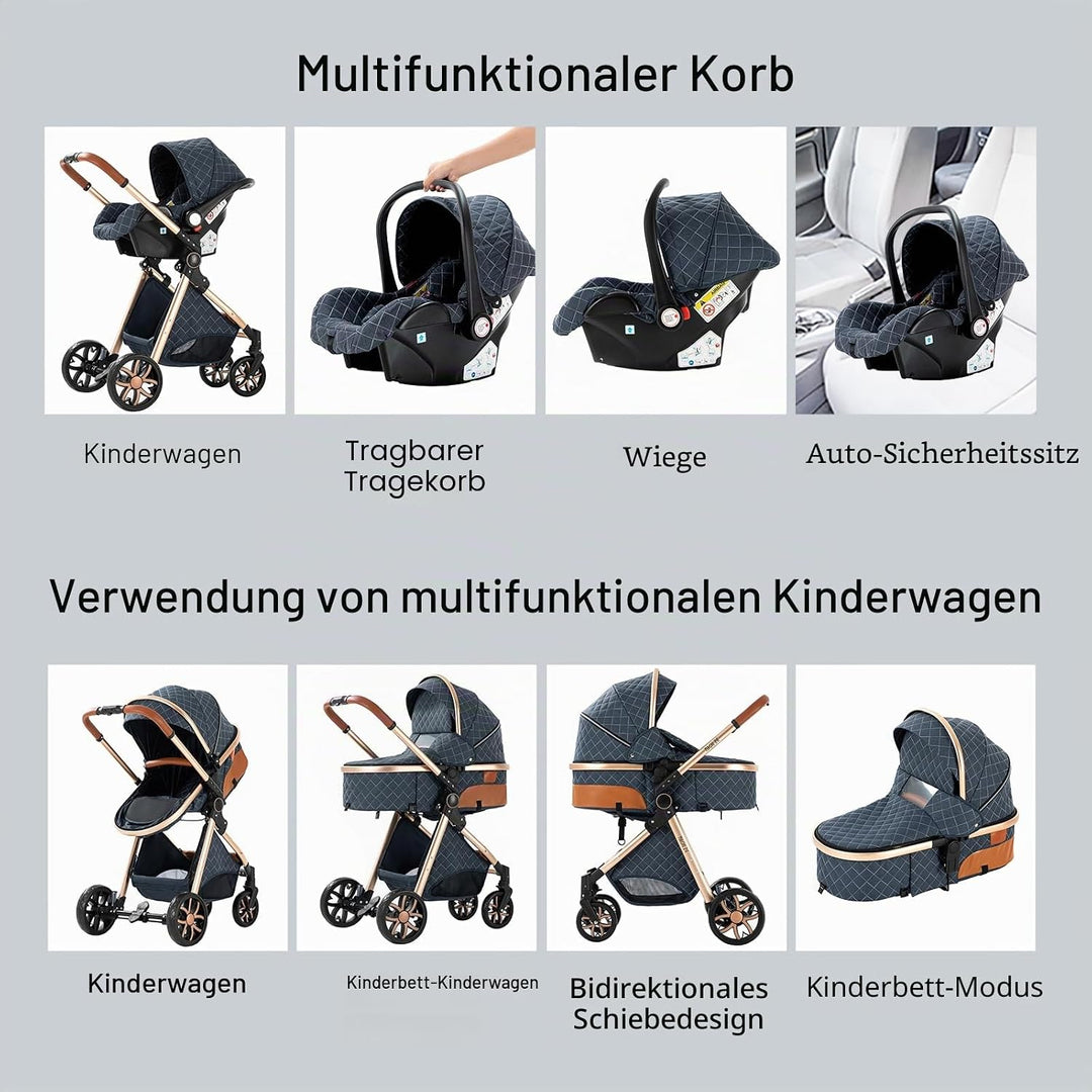NADDLILY Kinderwagen 3 in 1, Buggy mit Umkehrbarem Zwei-Wege-Schub, Kinderwagen mit Faltbarem Tragba