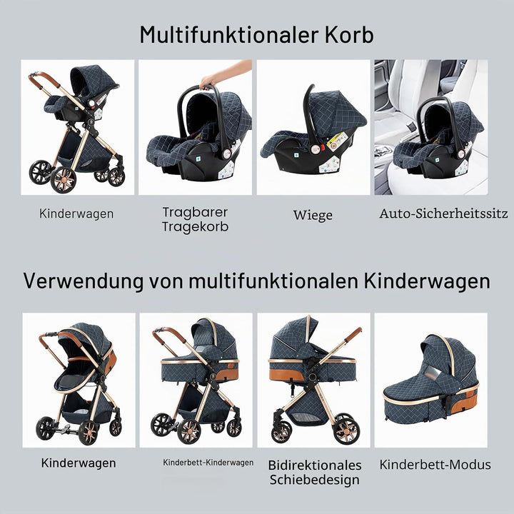 NADDLILY Kinderwagen 3 in 1, Buggy mit Umkehrbarem Zwei-Wege-Schub, Kinderwagen mit Faltbarem Tragba