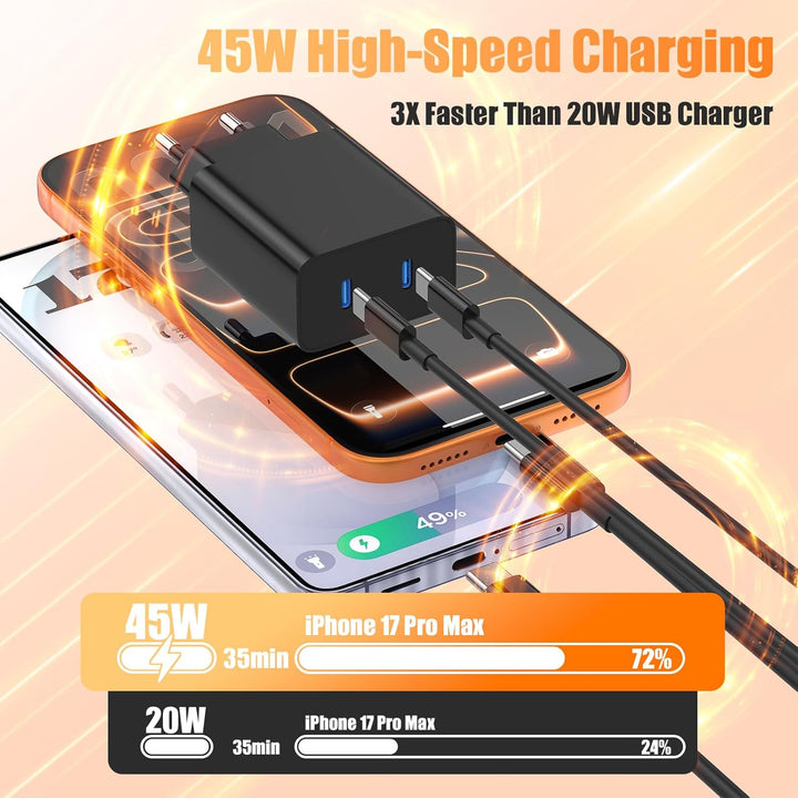45 W Schnellladegerät USB C für Samsung Galaxy S26 Ultra/S25/S24/S23/S22/S21, 2 x 2 x 2 m, 2 Anschlü