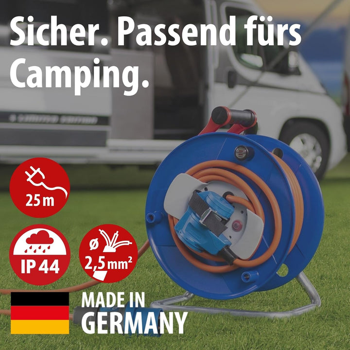 Brennenstuhl Camping-Kabeltrommel / CEE 230V Kabeltrommel 25m (H07RN-F 3G2,5 in orange, CEE-Winkelku