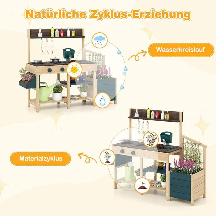 COSTWAY Matschküche Kinder Outdoor, Kinderküche mit Pflanzkasten & Rankgitter, Holzküche mit Wasserf