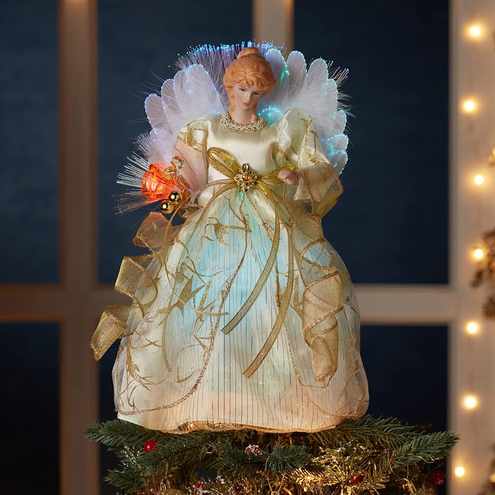 Kurt Adler Cul Glasfaser LED Engel Weihnachten Treetop Figur, Elfenbeinfarben, goldfarben, 12-Inch,
