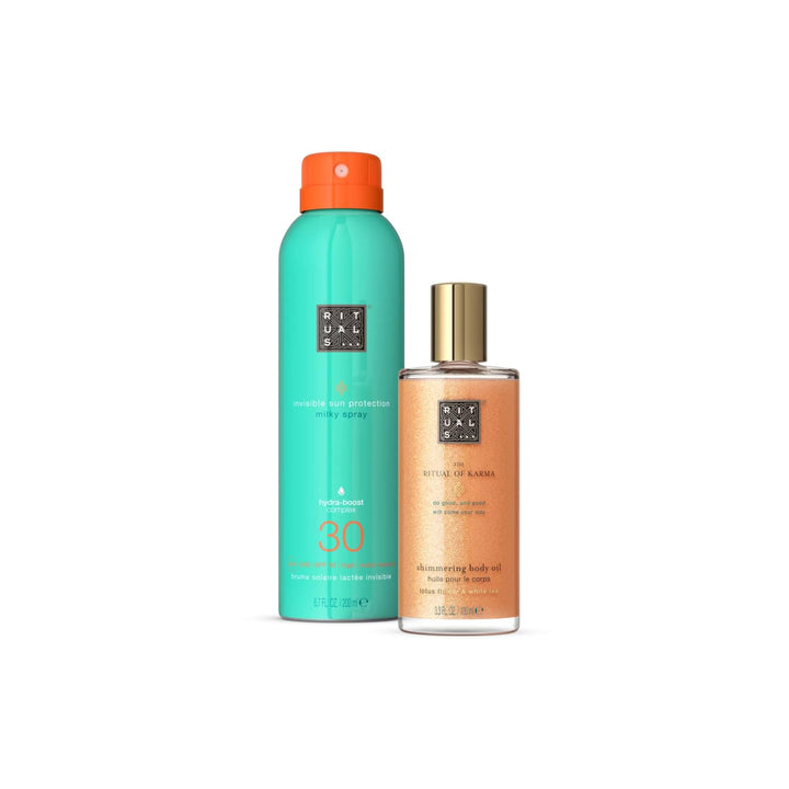 Rituals The Ritual of Karma – Summer Duo – Sonnencreme Spray mit LSF 30 und schimmerndes Körperöl –