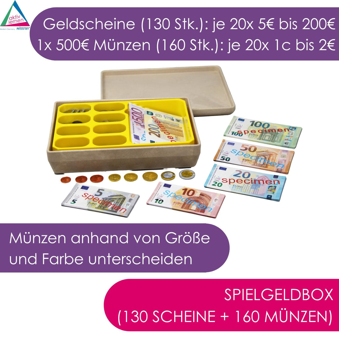 WISSNER® RE-Plastic Euro Spielgeld in Einer RE-Wood Box (290 Teile)