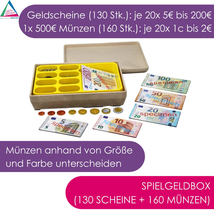 WISSNER® RE-Plastic Euro Spielgeld in Einer RE-Wood Box (290 Teile)