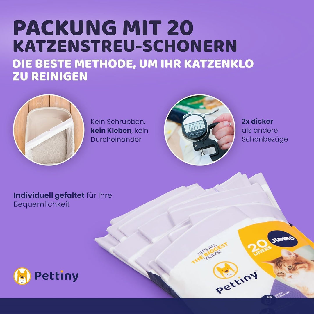Pettiny Jumbo Katzentoilettenbeutel mit Zugbändern – 20er Pack Kratzfeste Tüten für Riesige Katzento