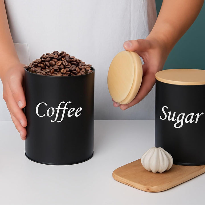 2 Stück Kaffeedose luftdicht, schwarz Kaffeepads Aufbewahrung, mit Holzdeckel, Löffel, 500ml, für Ka