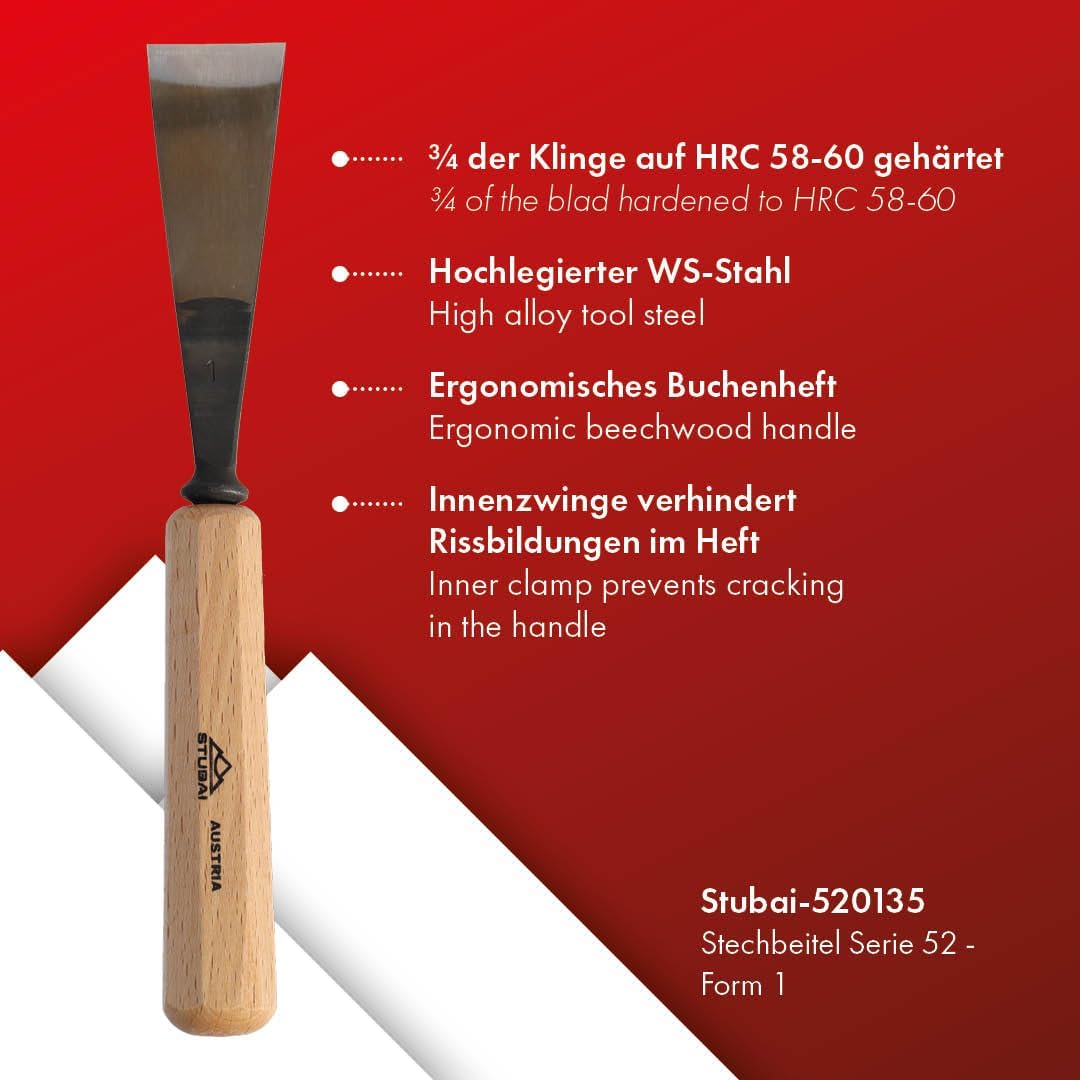 STUBAI Stemmeisen Stechbeitel Serie 52 - Form 1 | Gerades Balleisen 35 mm, mit Holzgriff, für glatte