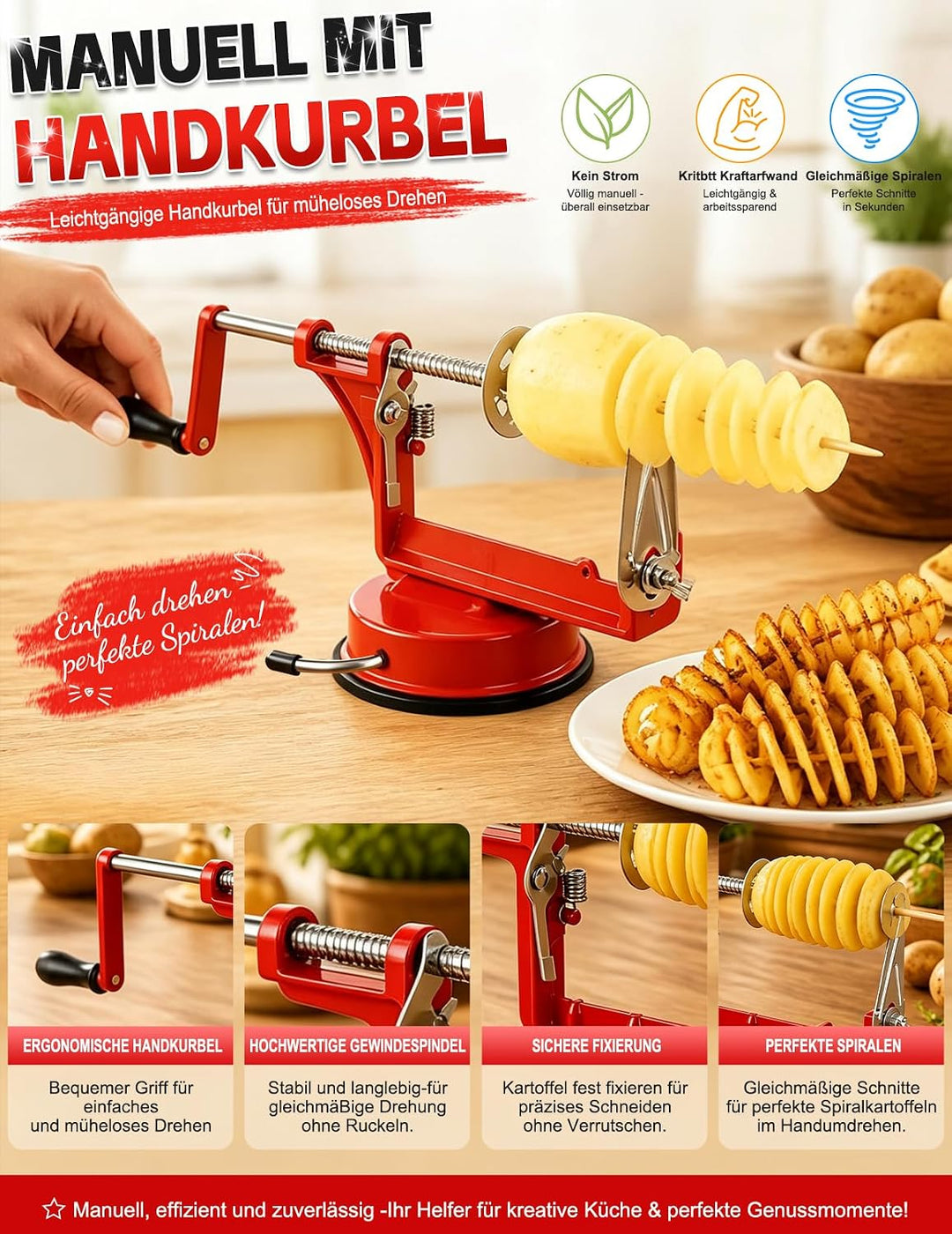 Kartoffelspiralschneider Edelstahl Manuell – Spiralschneider Kartoffel mit Saugnapf, Kartoffelschnei