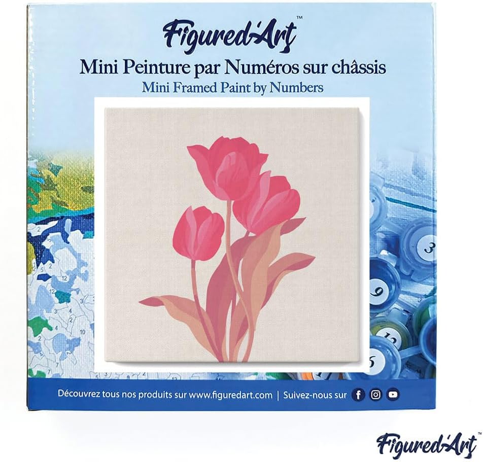 Figured'Art Mini Malen Nach Zahlen Erwachsene Mit Rahmen 20x20cm Kleines Format - 3 Rosa Tulpen - Pa