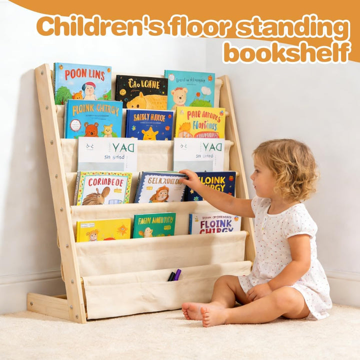 Kinder Bücherregal, 75x 30 x 79 cm Montessori Bücherregal mit 6 Ebenen und Stofffächern, Offenes Kin