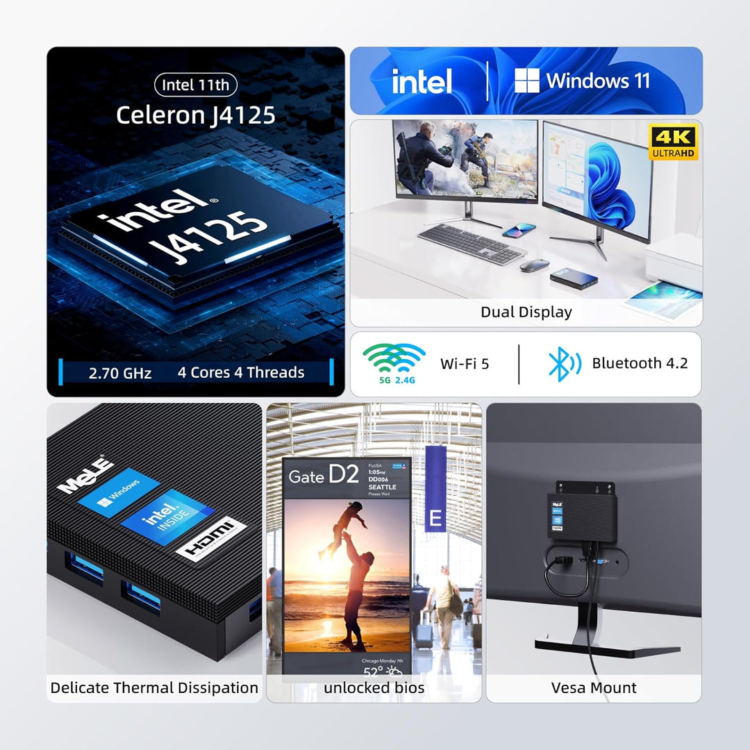 MeLE Lüfterloser Mini-PC Windows 10 Pro Celeron J4125 8GB DDR4 256GB eMMC Ultra-Thin Mini Desktop Co