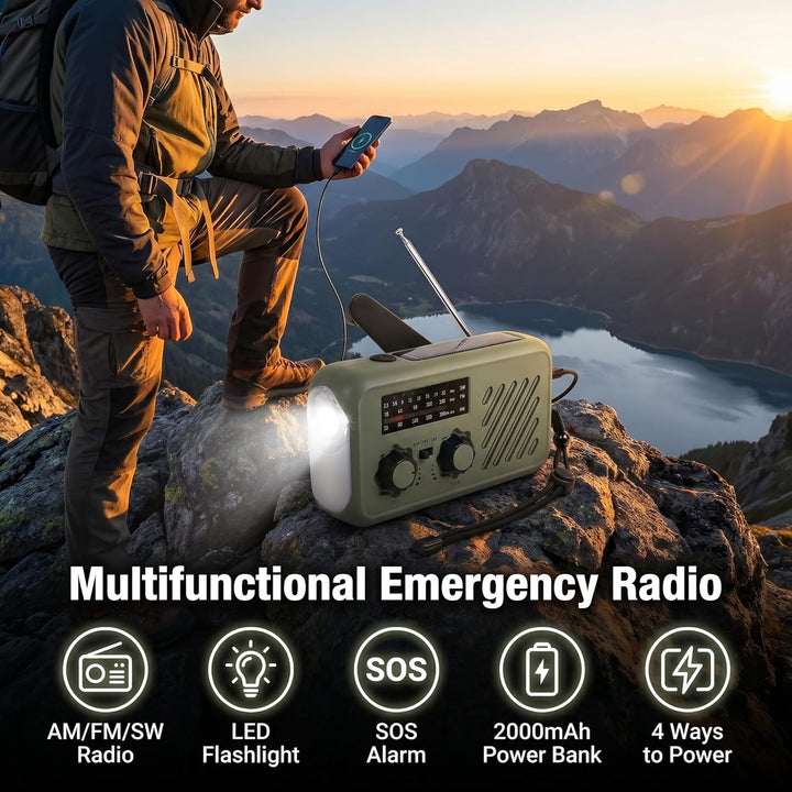 Notfall Radio, 3-Wege-Laden Emergency Radios,2000mAh Profi-Überlebensradio 3-Wege-Ladung (Solar/Hand