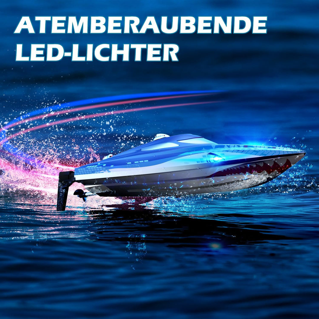 DEERC RC Boot mit LED-Licht,ferngesteuertes Haiboot für Pools und Seen, 20+ km/h RC-Boot, 2,4-GHz-Re