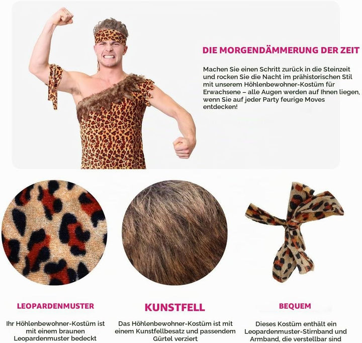 PAARE CAVEMAN &amp; HÖHLENFRAU-KOSTÜM, AUFBLASBAR, CLUB LEOPARD PRINT KLEID, GÜRTEL, HAARREIF, ARMBAND F