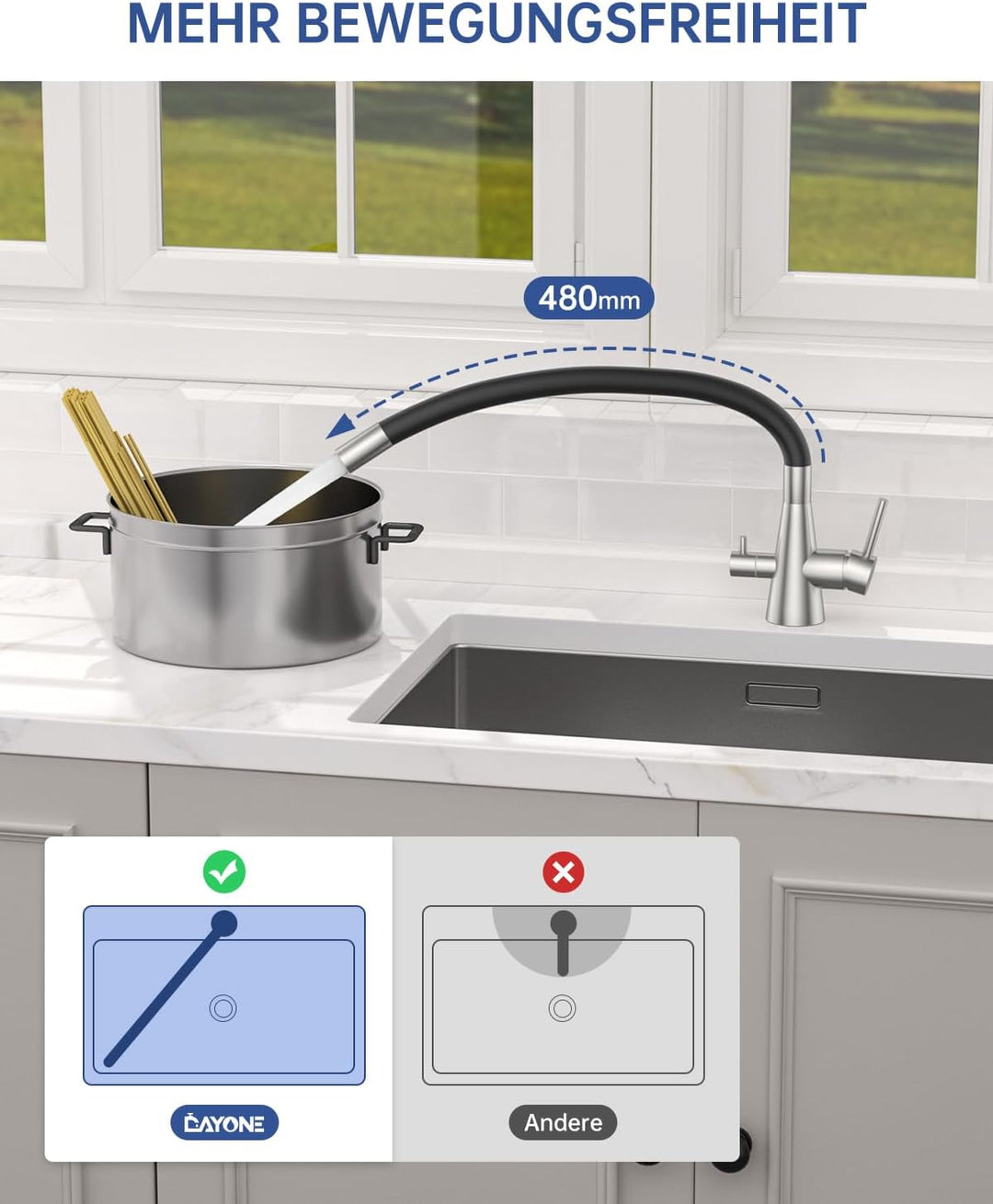 DAYONE 3 Wege Schwarz Wasserhahn Küche Flexibel, 3 in 1 Mischbatterie für Wasserfilter Osmose, 360°