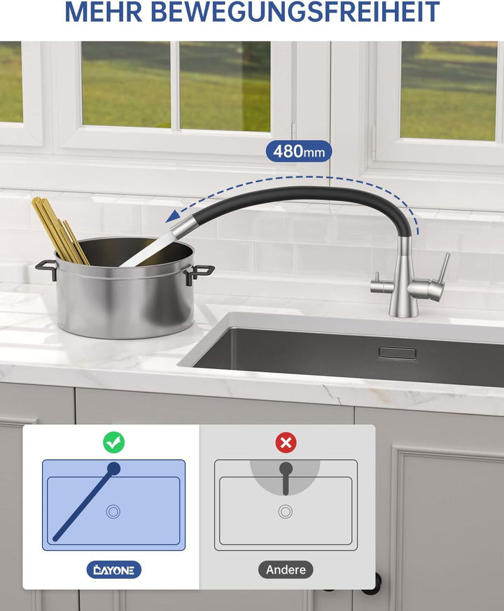 DAYONE 3 Wege Schwarz Wasserhahn Küche Flexibel, 3 in 1 Mischbatterie für Wasserfilter Osmose, 360°