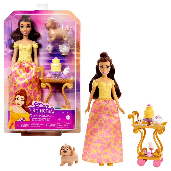 Disney Princess Spielzeug, Belle-Puppe mit schimmernder Kleidung, Teewagen, Freunden und Speisen, Te