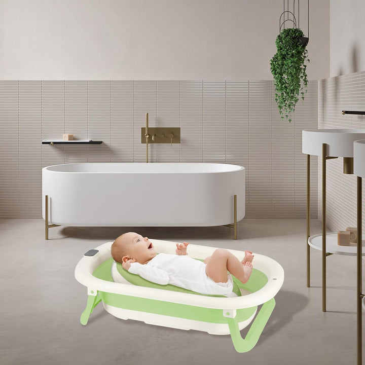 Faltbare Babybadewanne mit Ablaufstopfen &amp; Temperaturanzeige &amp; Sitzkissen, Ultra kompakt – rutschfes