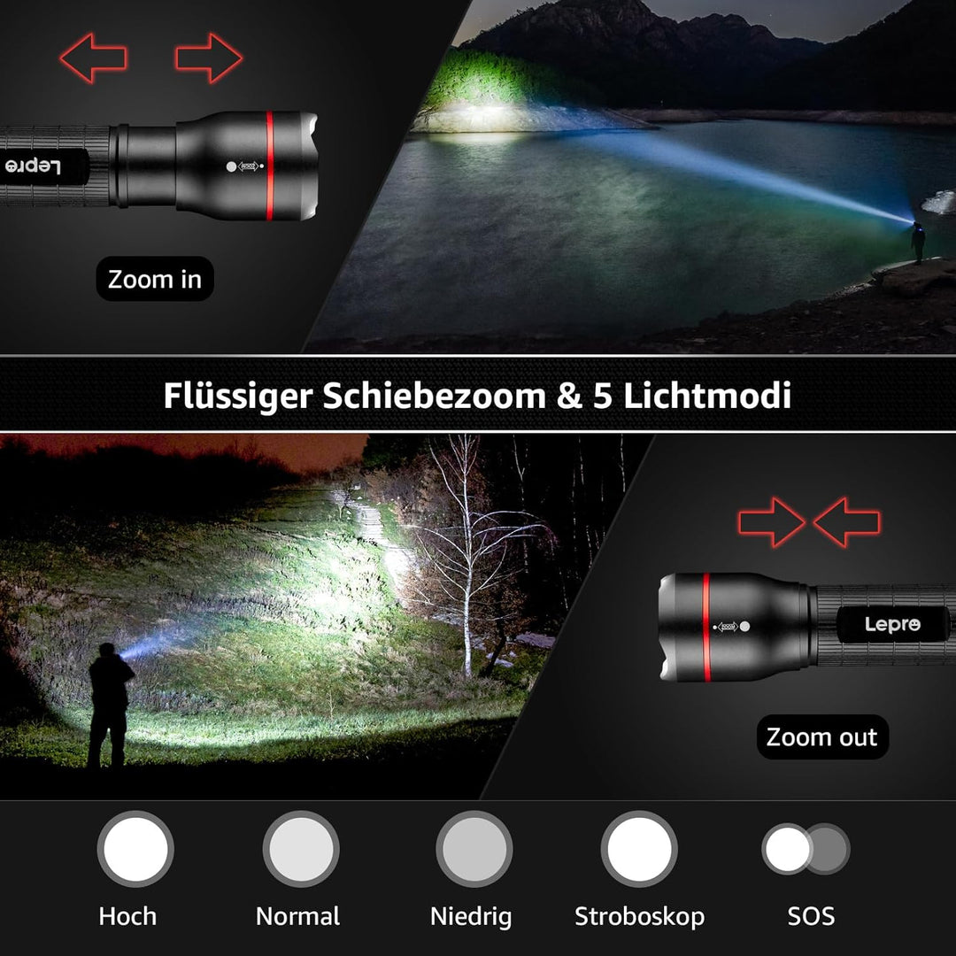 Lepro LED Taschenlampe, LE2050 Extrem Hell, mit Clip, Zoombare Handlampe mit 5 Modi, Wasserdichte Fl