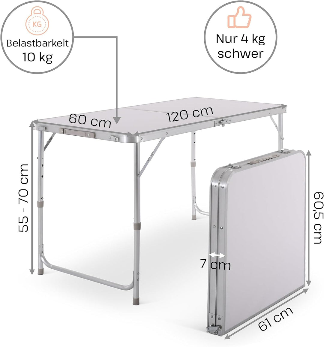 Raburg Campingtisch klappbar, Klapptisch 3-Fach höhenverstellbar, Falttisch 120 x 60 cm, Koffertisch