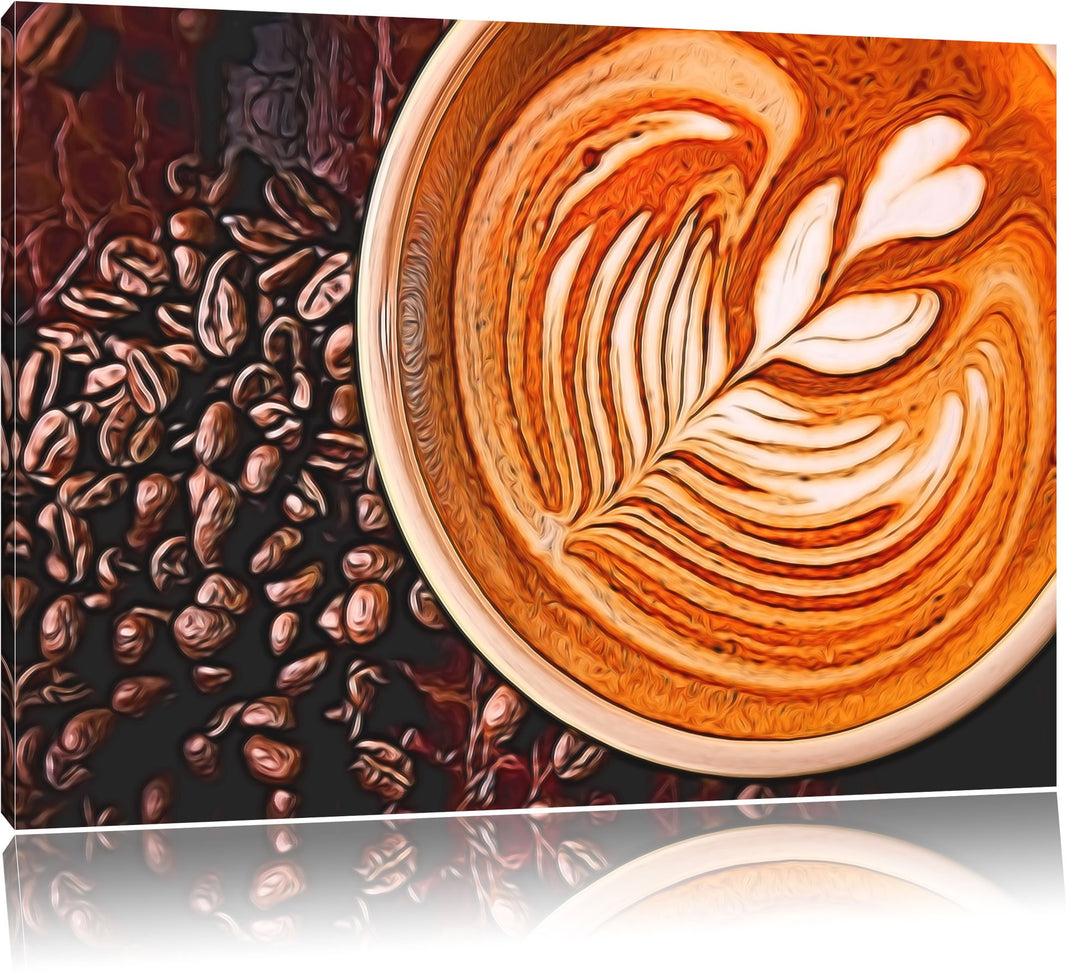 köstlicher Kaffee mit kunstvoller Schaumverzierung Format: 120x80 auf Leinwand, XXL riesige Bilder f