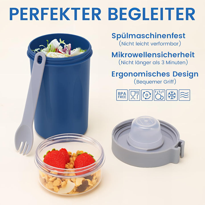 Bugucat Müslibecher to Go 2er Set, Joghurtbecher to Go 760ml+230ml mit Dressing Behälter Müsli to go