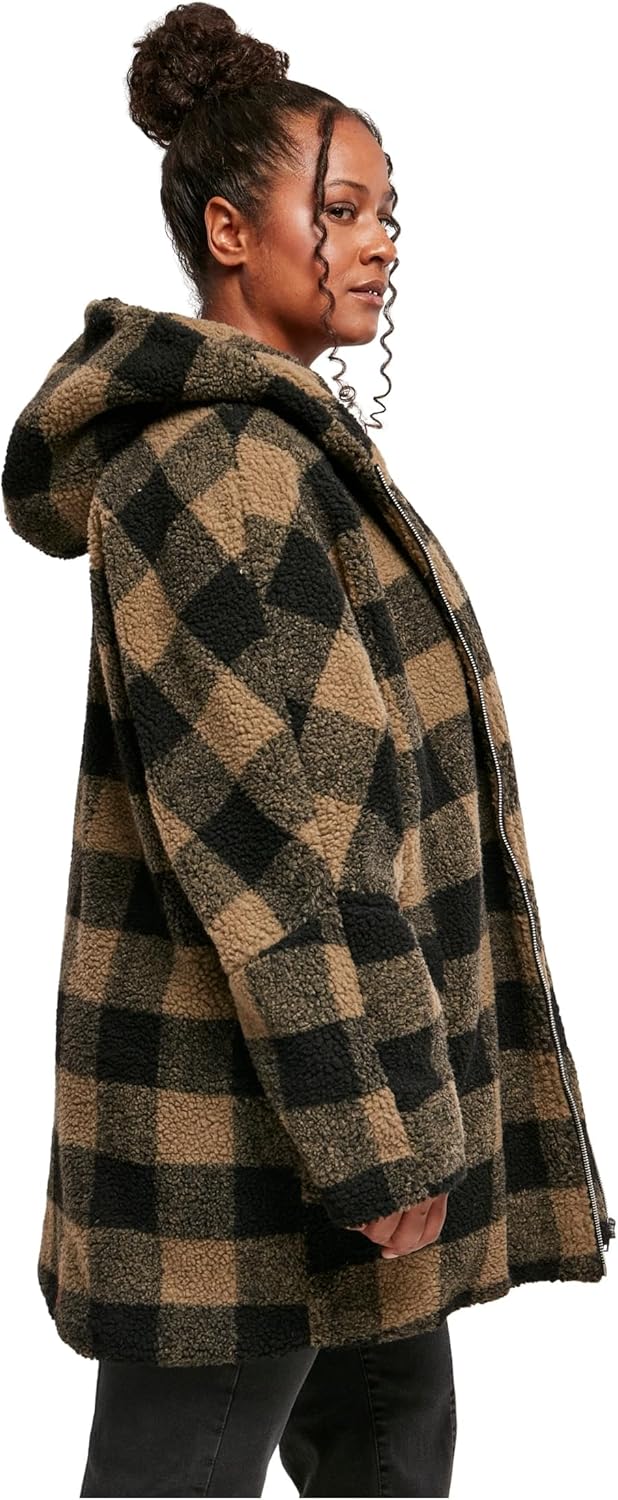 Urban Classics Damen Winter Jacke Ladies Oversized Check Sherpa Jacket mit Kapuze, Holzfäller Karo M
