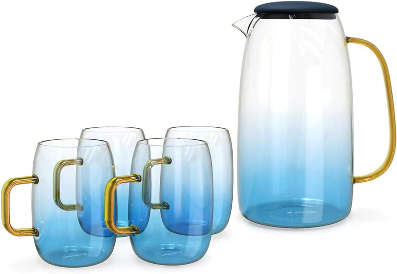 Navaris Wasserkaraffe 1,55 l mit Vier Gläsern - Karaffe aus Glas mit Silikondeckel für kalte und hei