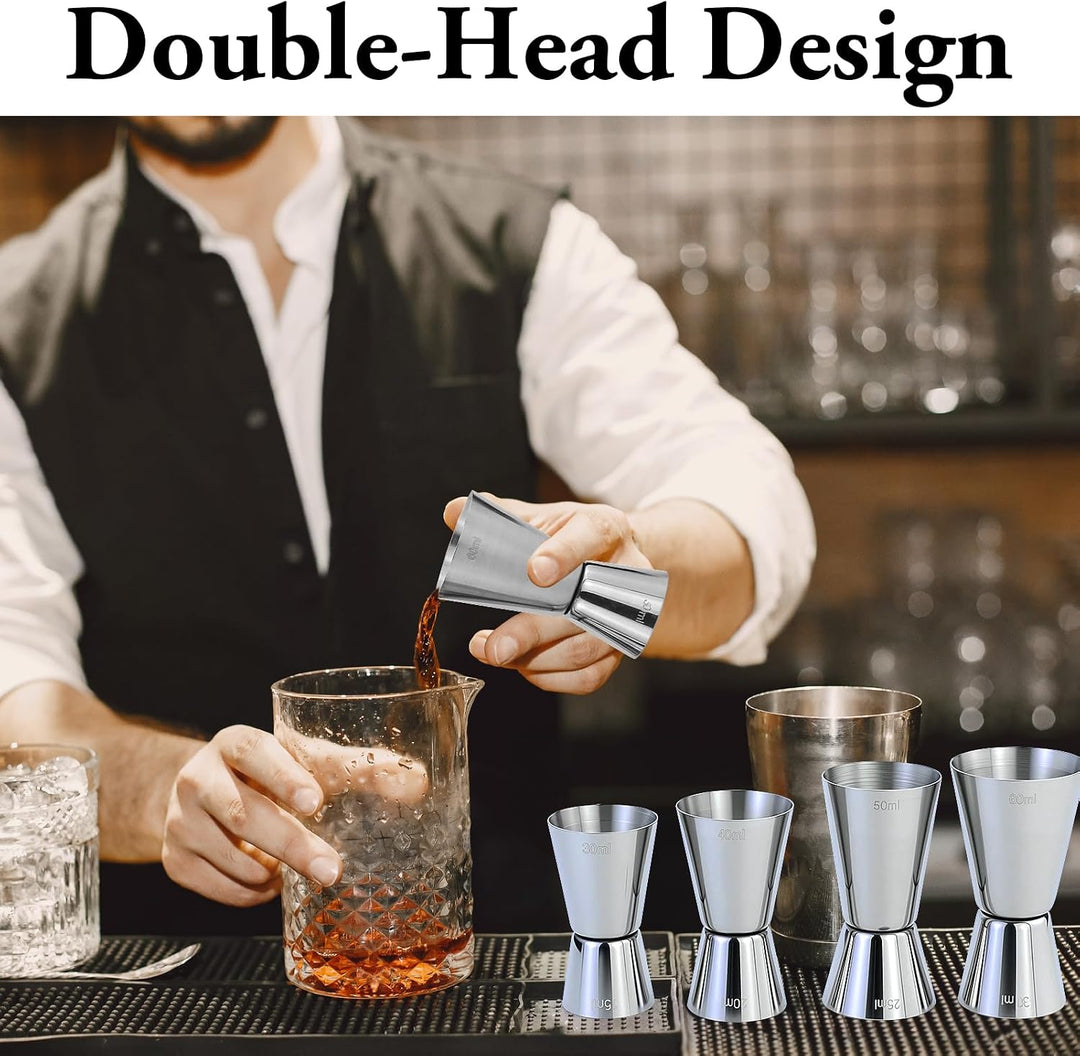 4 Stück Cocktail Messbecher, Edelstahl Barmass 3cl/4cl/5cl/6cl, Dual Gin Messbecher mit 4 Flaschenau