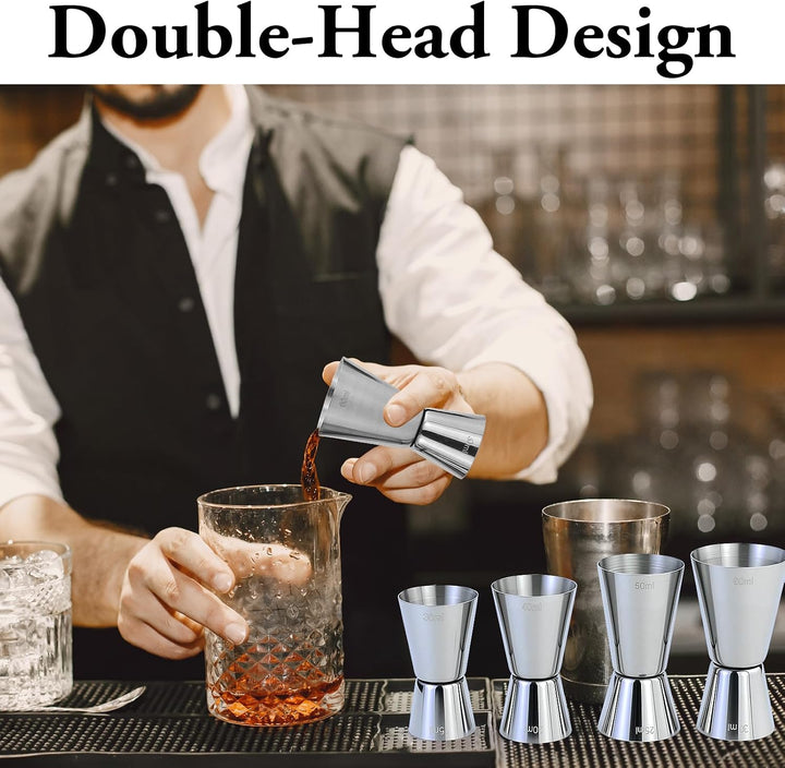 4 Stück Cocktail Messbecher, Edelstahl Barmass 3cl/4cl/5cl/6cl, Dual Gin Messbecher mit 4 Flaschenau