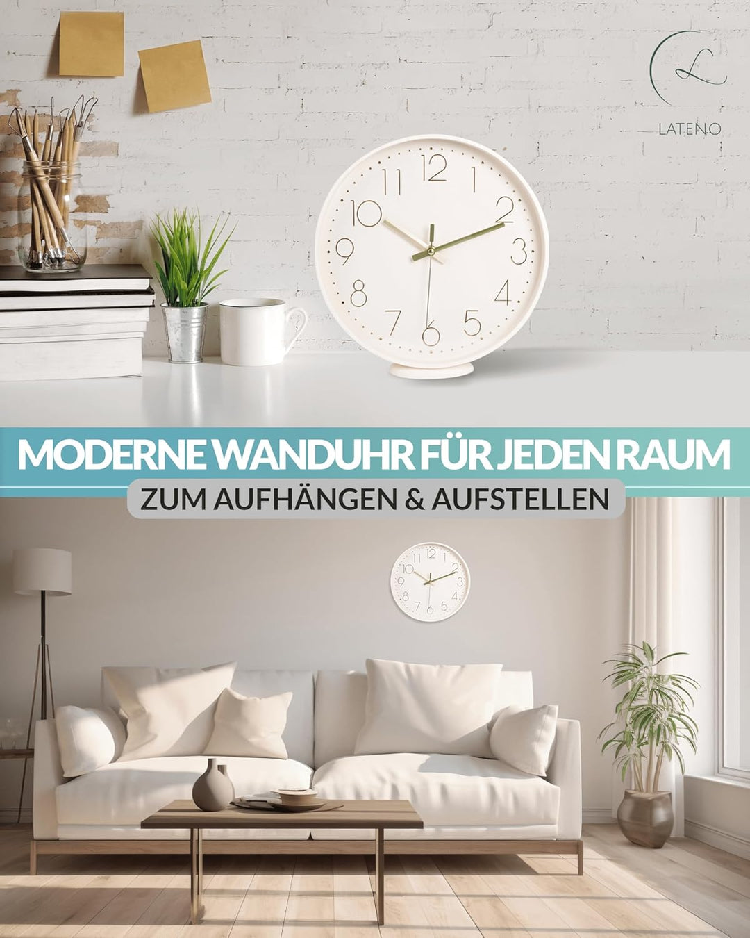 LATENO - Wanduhr ohne Tickgeräusche - Analoge Wanduhr 20 cm zum Aufhängen & Hinstellen - Wanduhr lau