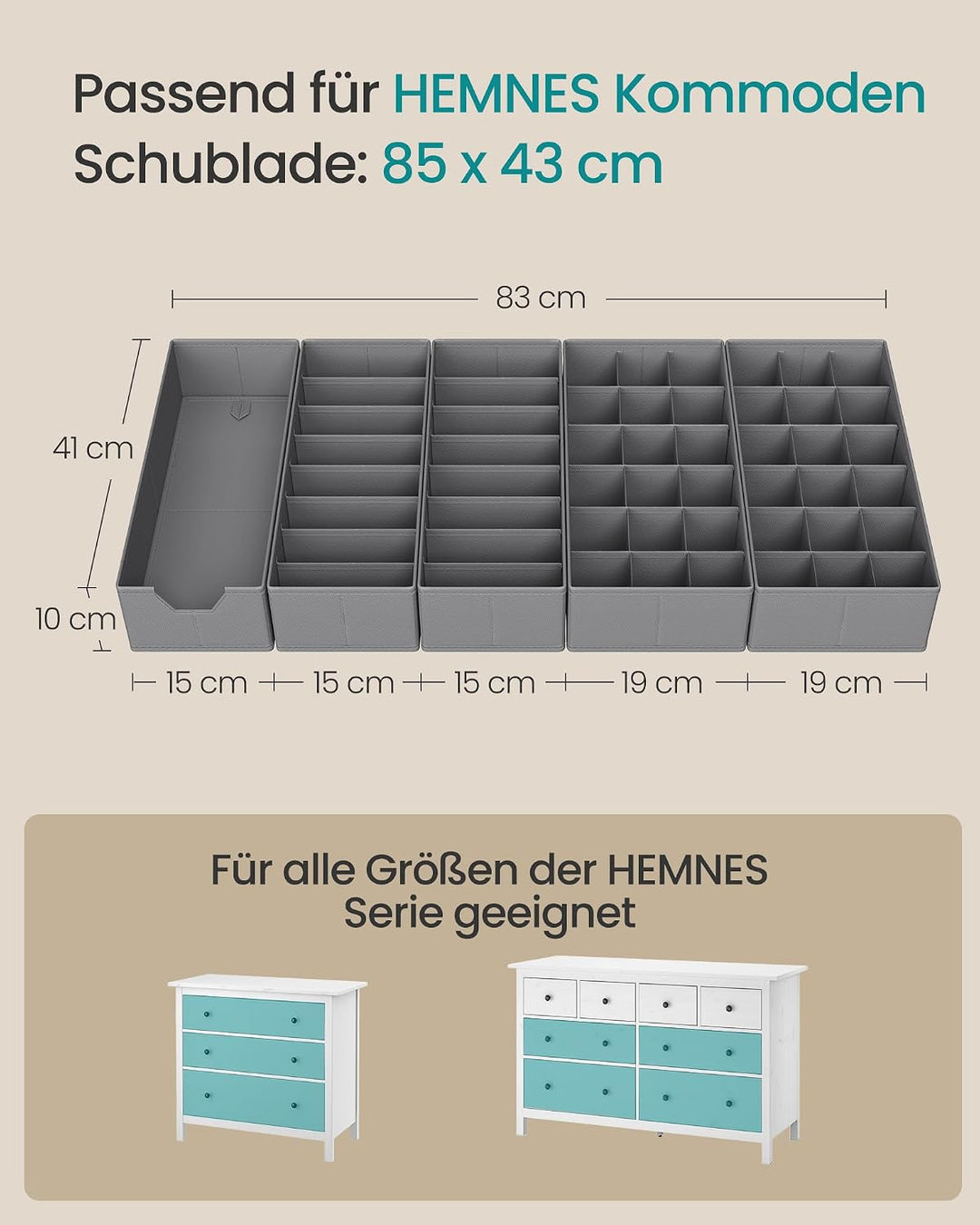 SONGMICS Schubladen-Organizer aus Vliesstoff, Faltbare Aufbewahrungsboxen für Unterwäsche und Socken