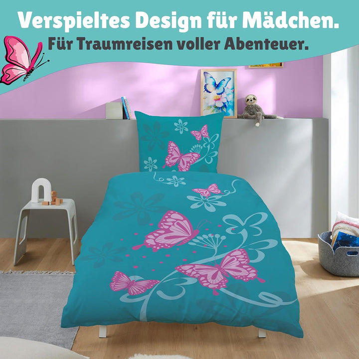 CTI - Bettwäsche Set Schmetterlinge 135x200 cm 80x80 cm Baumwolle türkis rosa Linon Wendebettwäsche