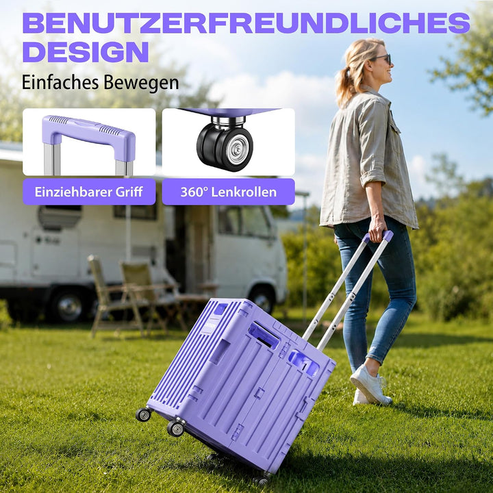 LDHTHOPI Einkaufstrolley klappbar, Violett, 65L, MAX 50KG | Teleskopgriff, 4 zerlegbare drehbare Räd