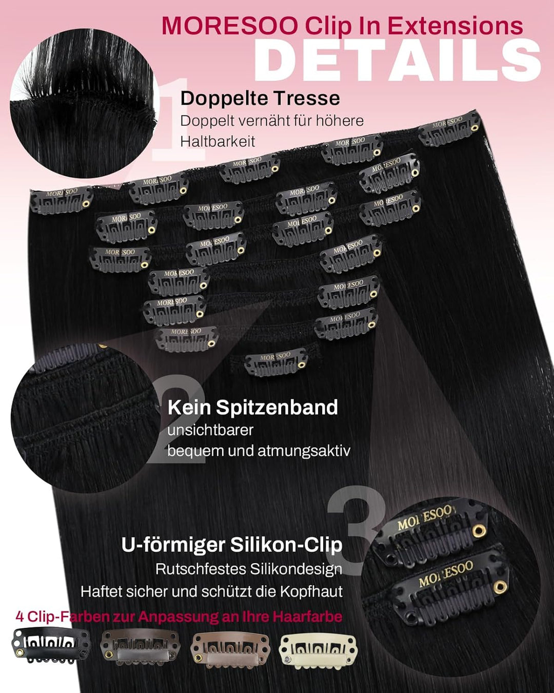 Moresoo Clip in Extensions Schwarz Remy Echthaar Extensions Clip in Haarverlängerung Doppelt Tressen