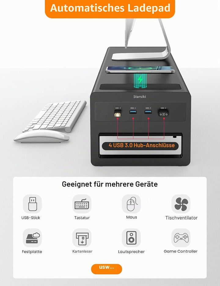 (2-stufiger) STARSIKI Monitorständer mit Dual-Monitor-Unterstützung, kabellosem Laden und 4 USB Ansc