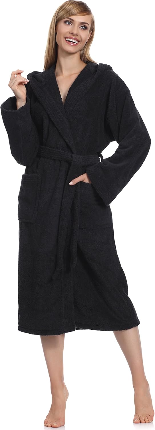 Ladeheid Damen Frottee Bademantel mit Kapuze aus 100% Baumwolle LA40-102 XL Schwarz (D16) (Gramatur