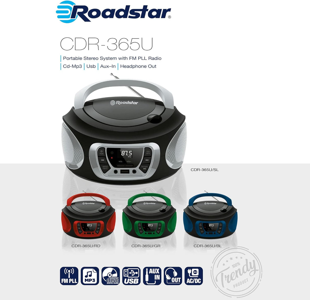Roadstar CDR-365U/BL Tragbarer Radio-CD-Spieler Digital FM PLL, Boombox-CD-Spieler, CD-R, CD-RW, CD-