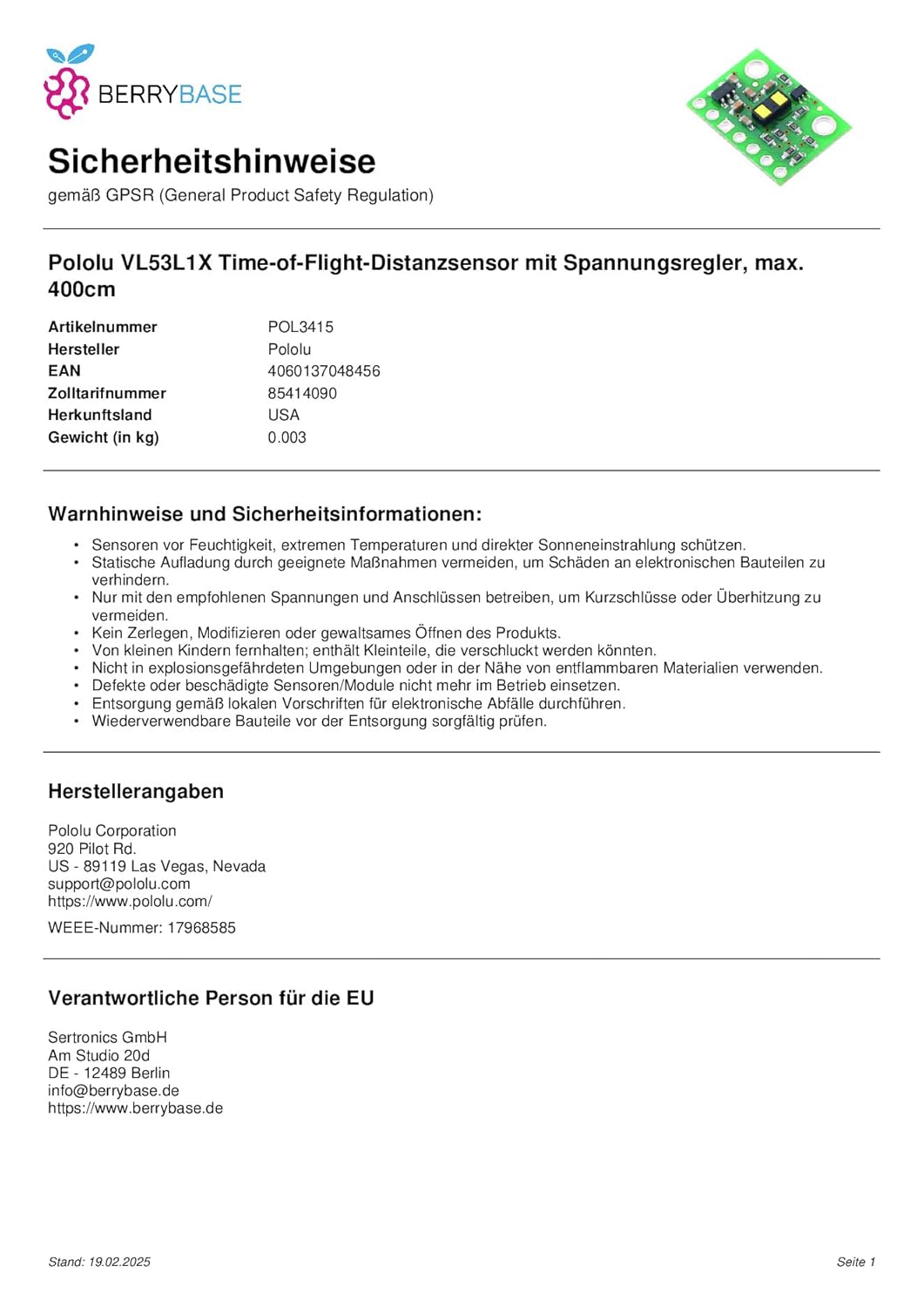 Pololu VL53L1X Time-of-Flight-Distanzsensor mit Spannungsregler, max. 400cm